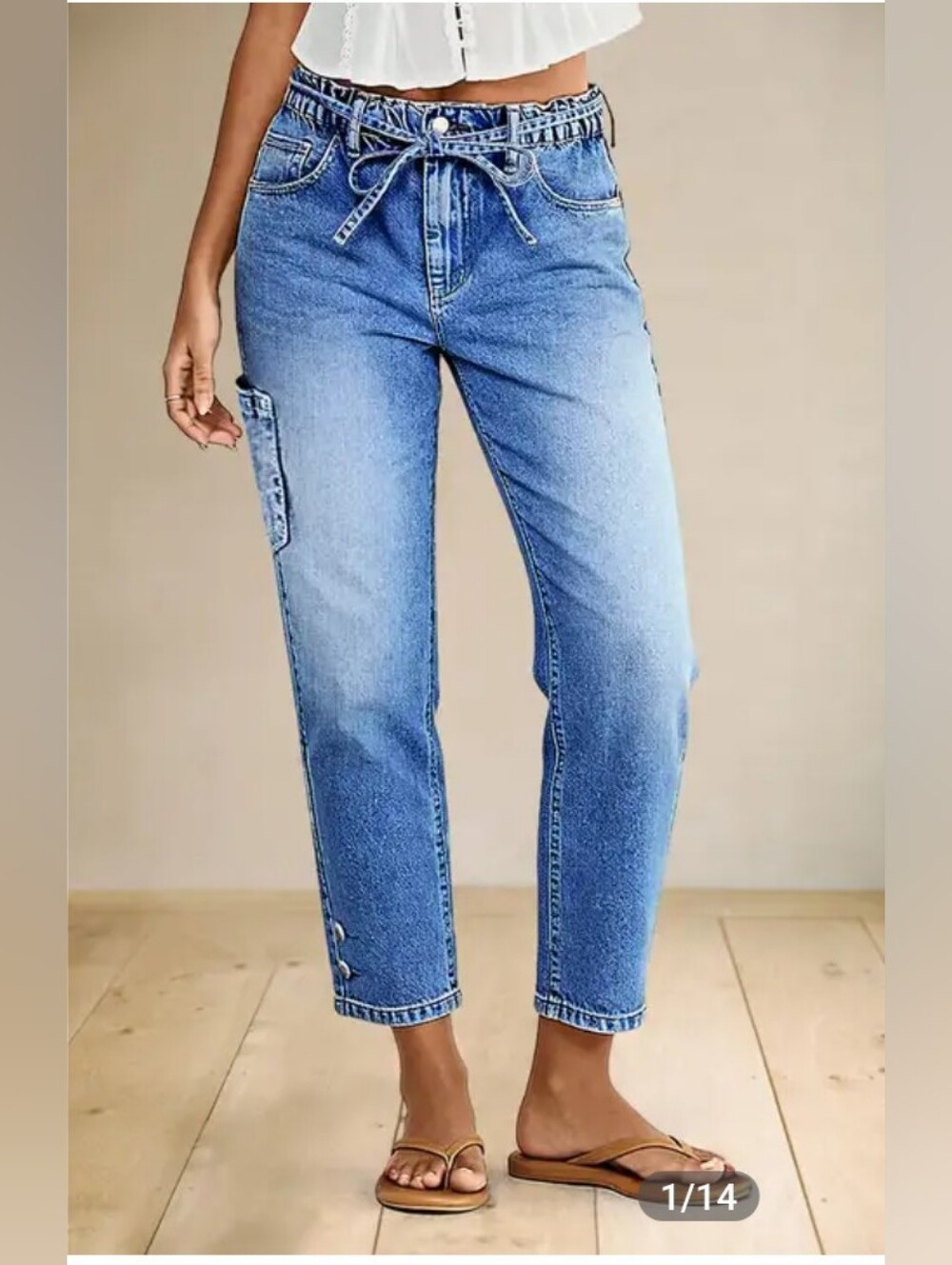 Flamingals Patch Pocket Button Hem Belted Elastic Waistband Midrise Crop Jeans
